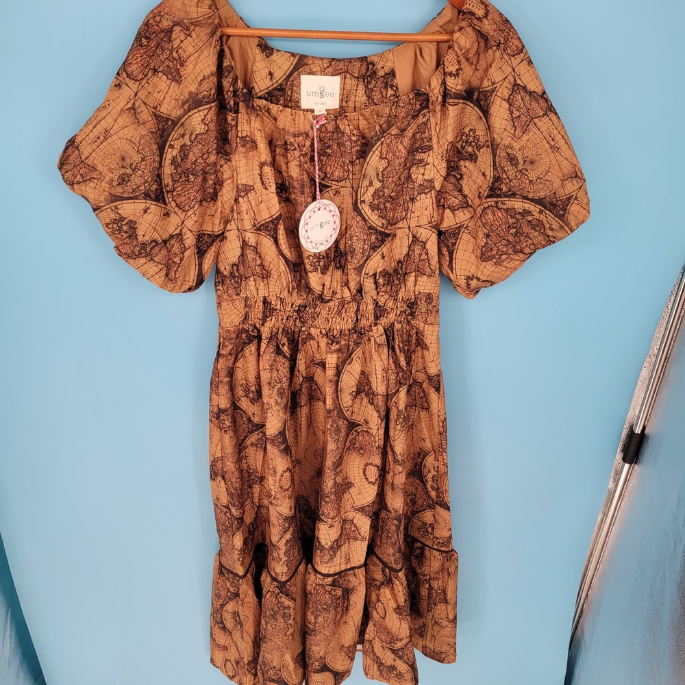 Umgee World Map Dress Womens Size M Travel Aesthetic Smocked Waist Academia NWT